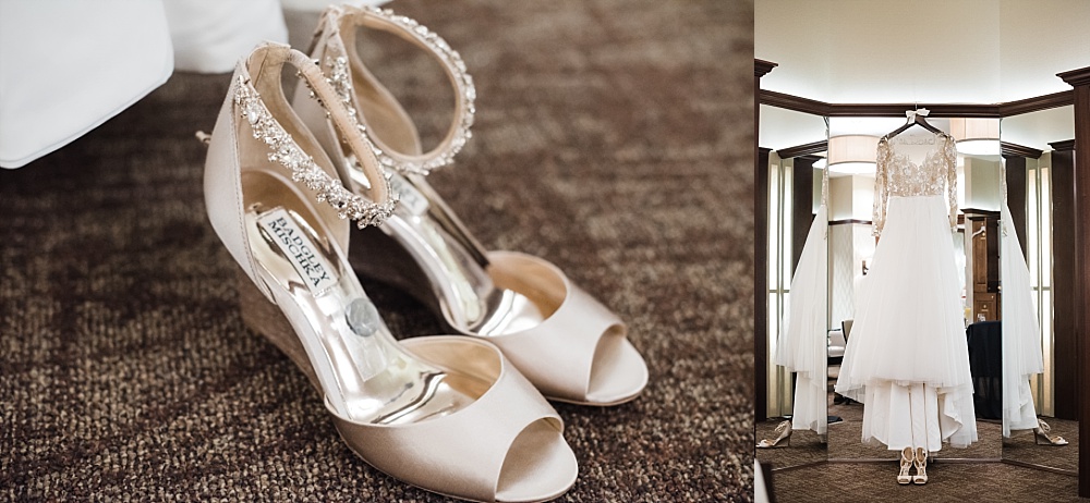 Brides shoes and wedding dress in the bridal suite at Scioto Reserve Country Club