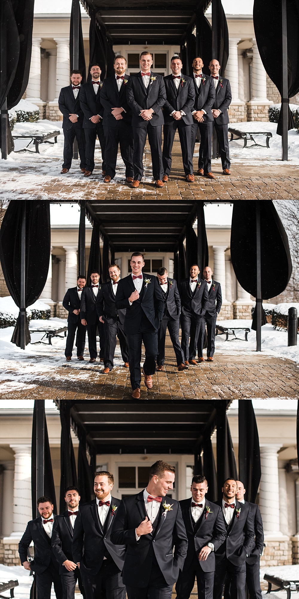 Groom and groomsmen pose in front of Scioto Reserve Country Club