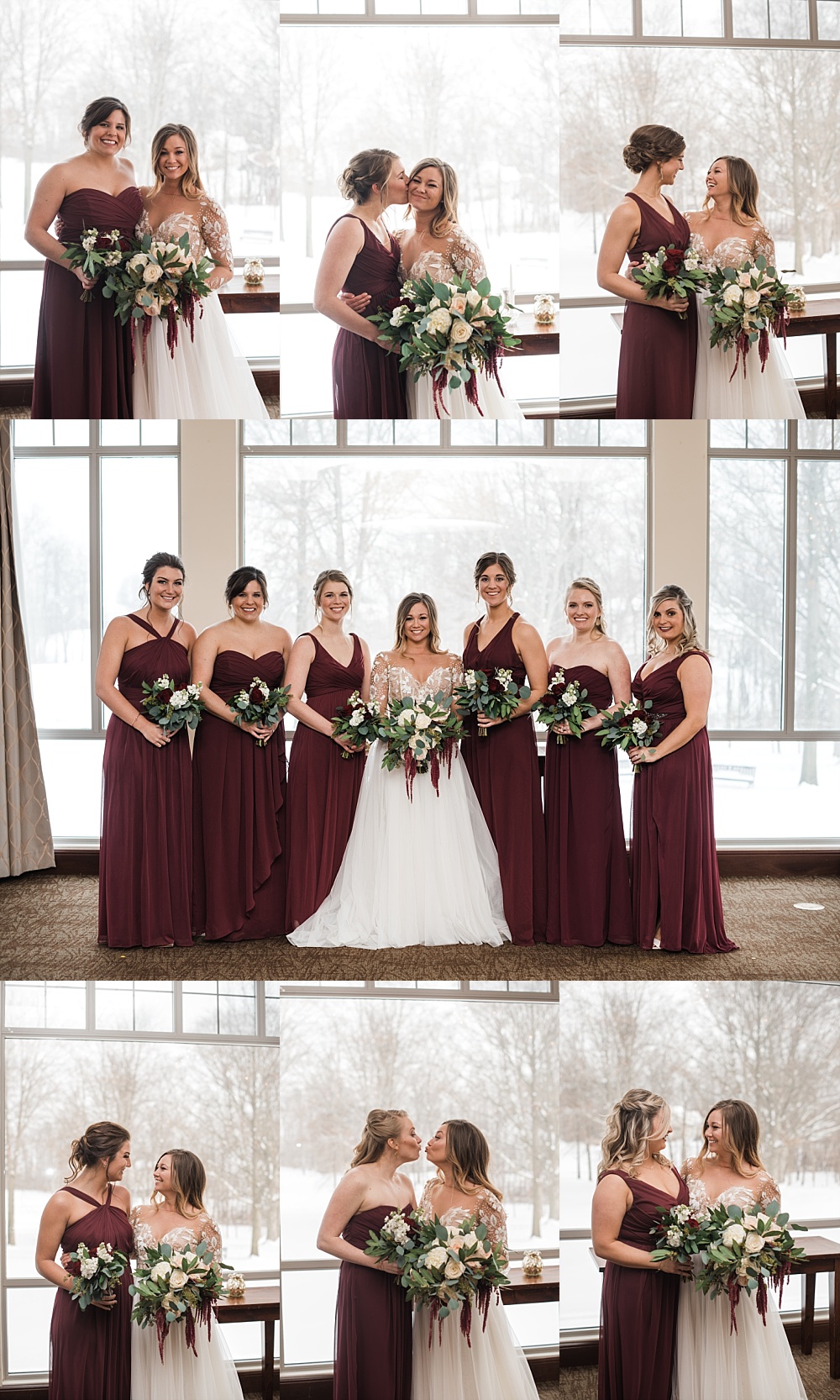 Bride poses with her bridesmaids in front of floor to ceiling windows at Scioto Reserve Country Club