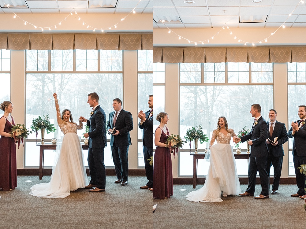 Wedding party and bride and groom during indoor winter ceremony at Scioto Reserve Country Club in Powell, Ohio