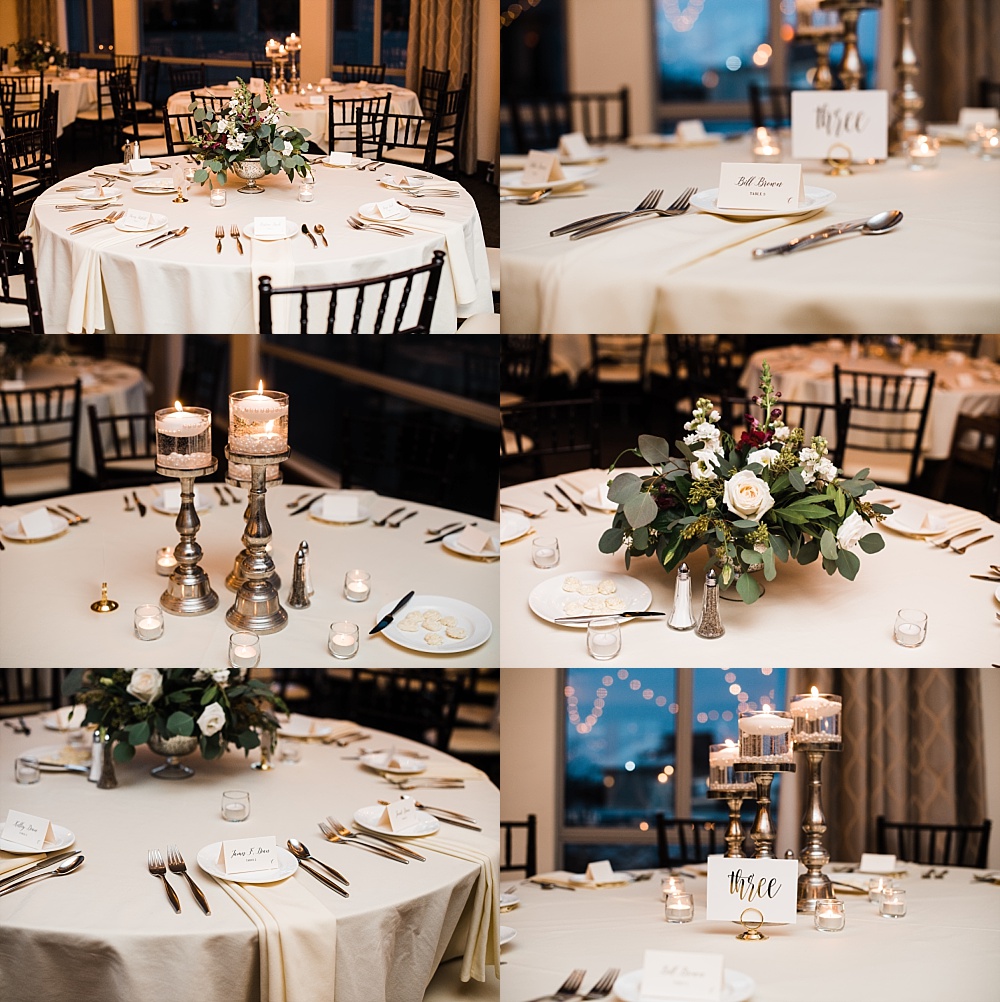 Center pieces and table decor at winter wedding