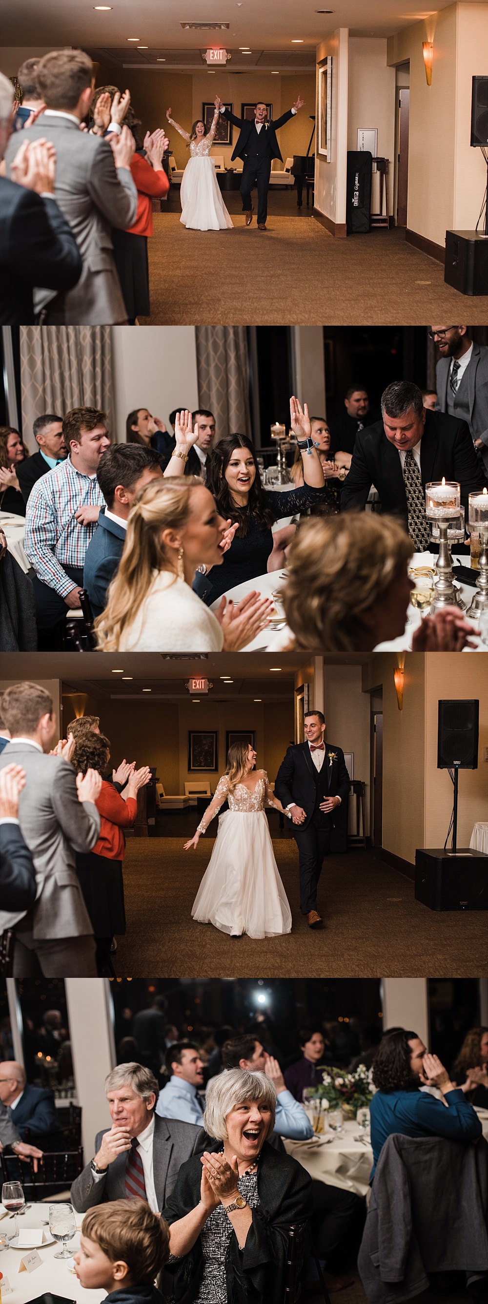 Guests cheering for bride and groom as they make their grand entrance to their reception