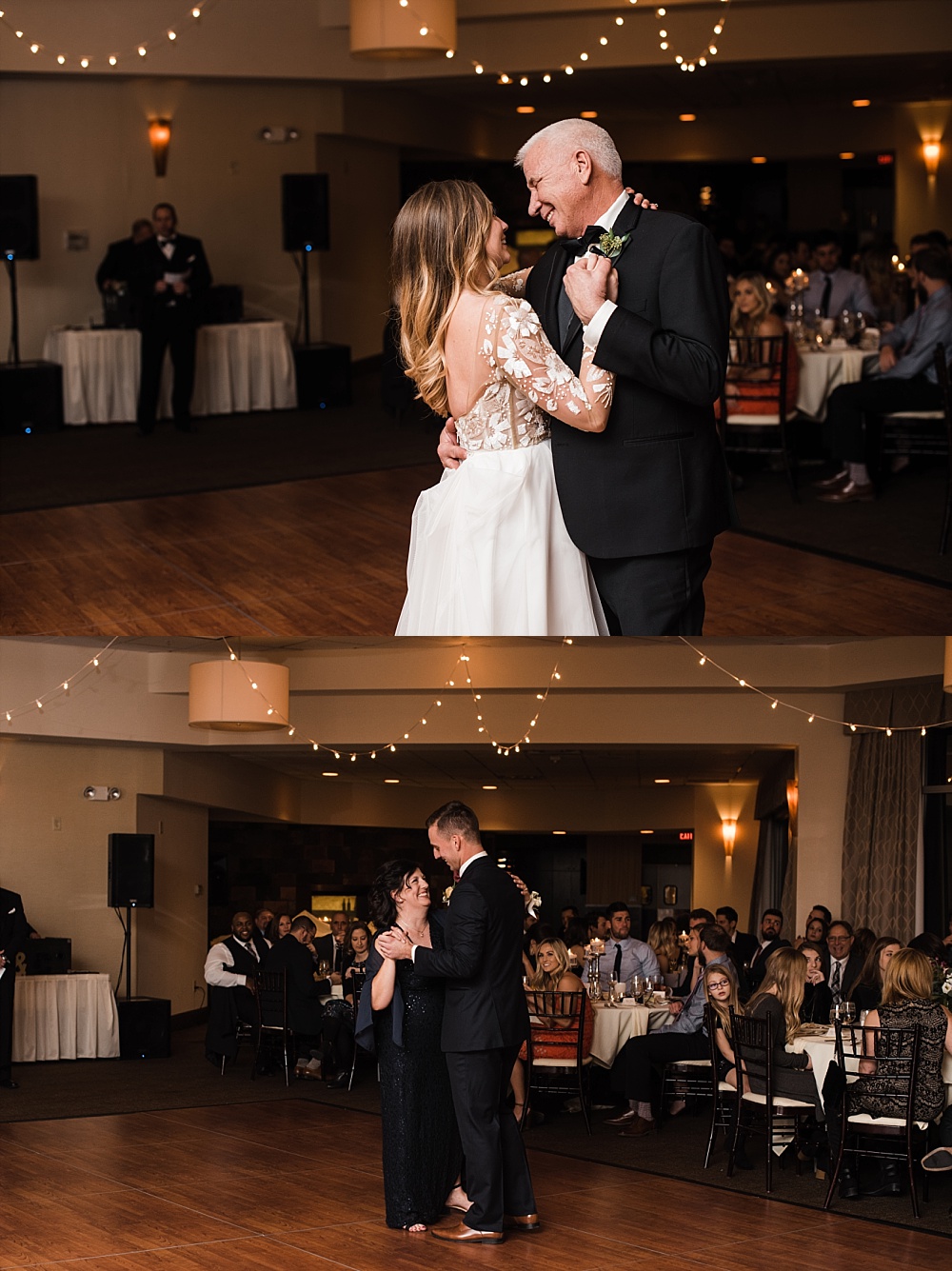 The parents of the bride and groom share their first dances during a wedding reception