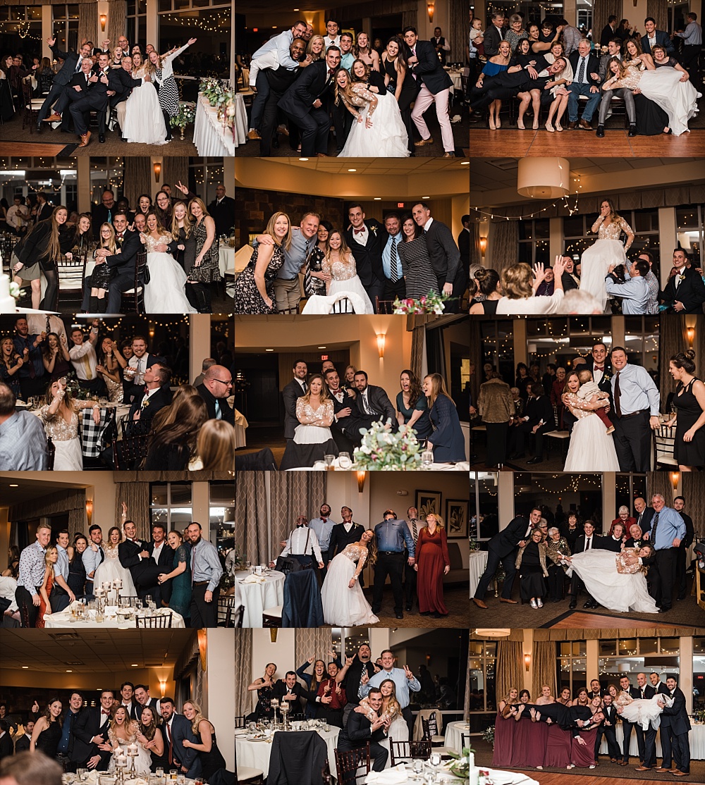 A collage of the bride and groom hopping to each table during their reception for a photo with each guest