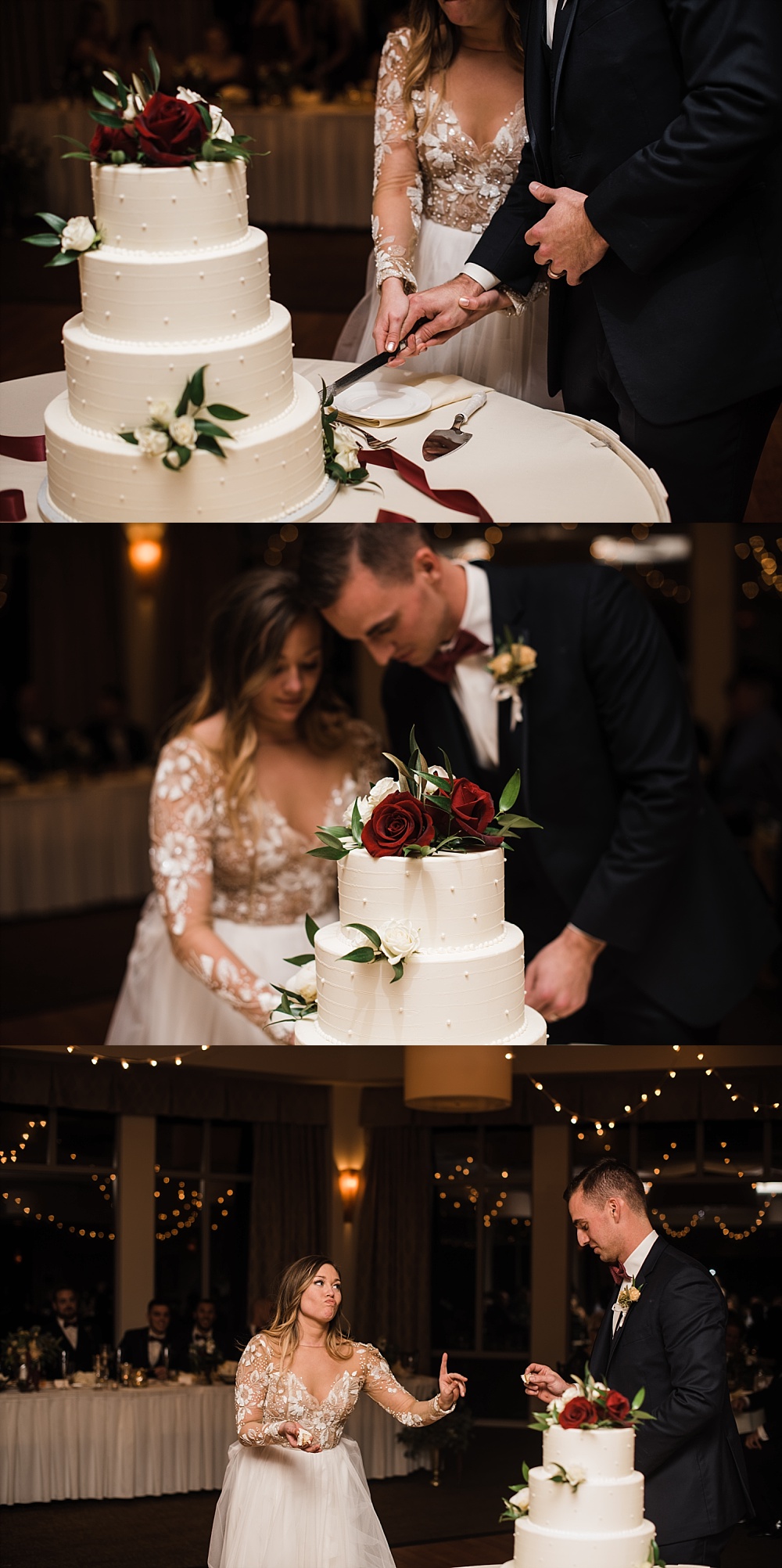 Bride and groom cutting their cake during their wedding reception at Scioto Reserve Country Club