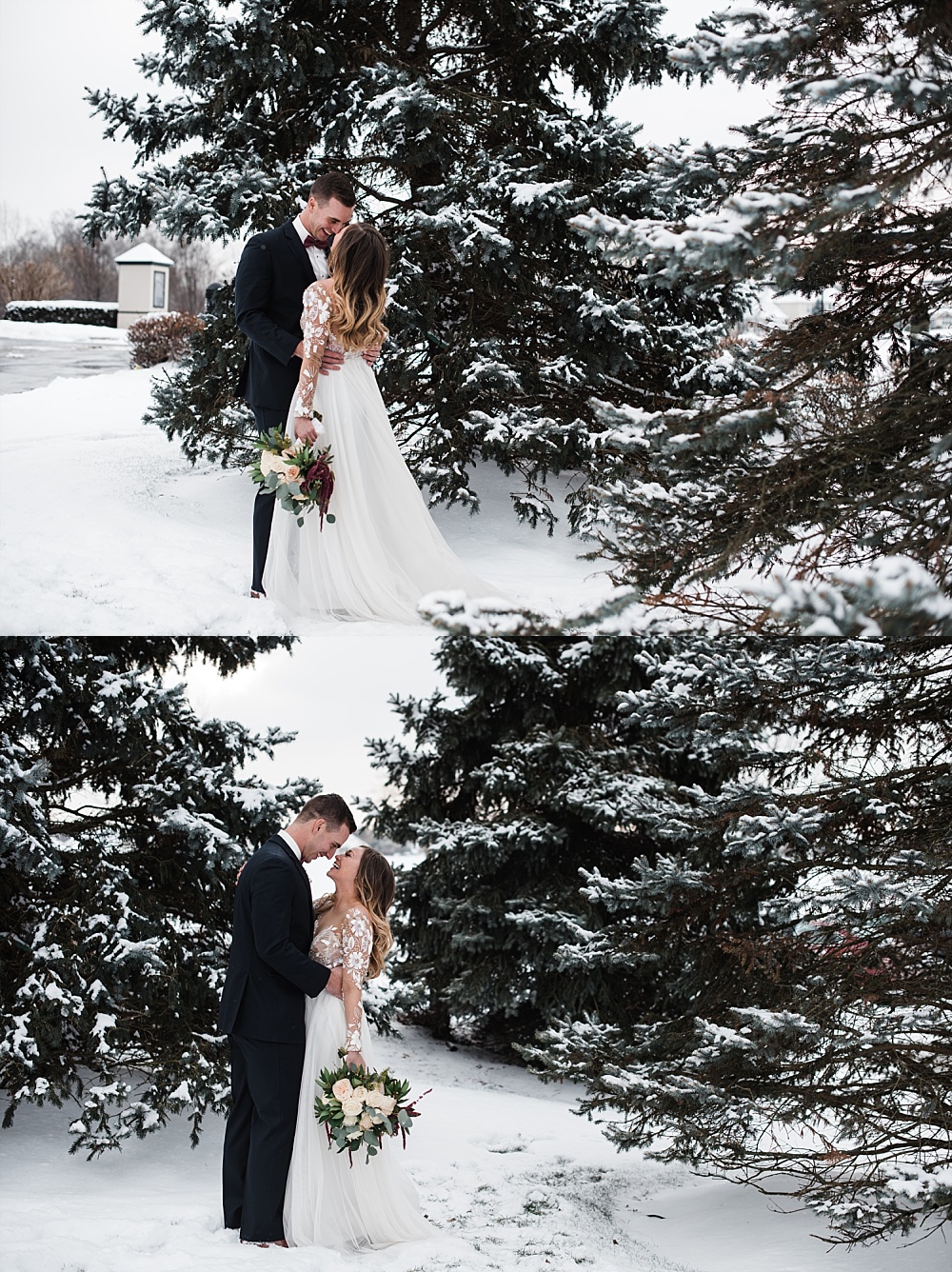 Bride and groom pose for portraits in the snow at Scioto Reserve Country club during their winter wedding
