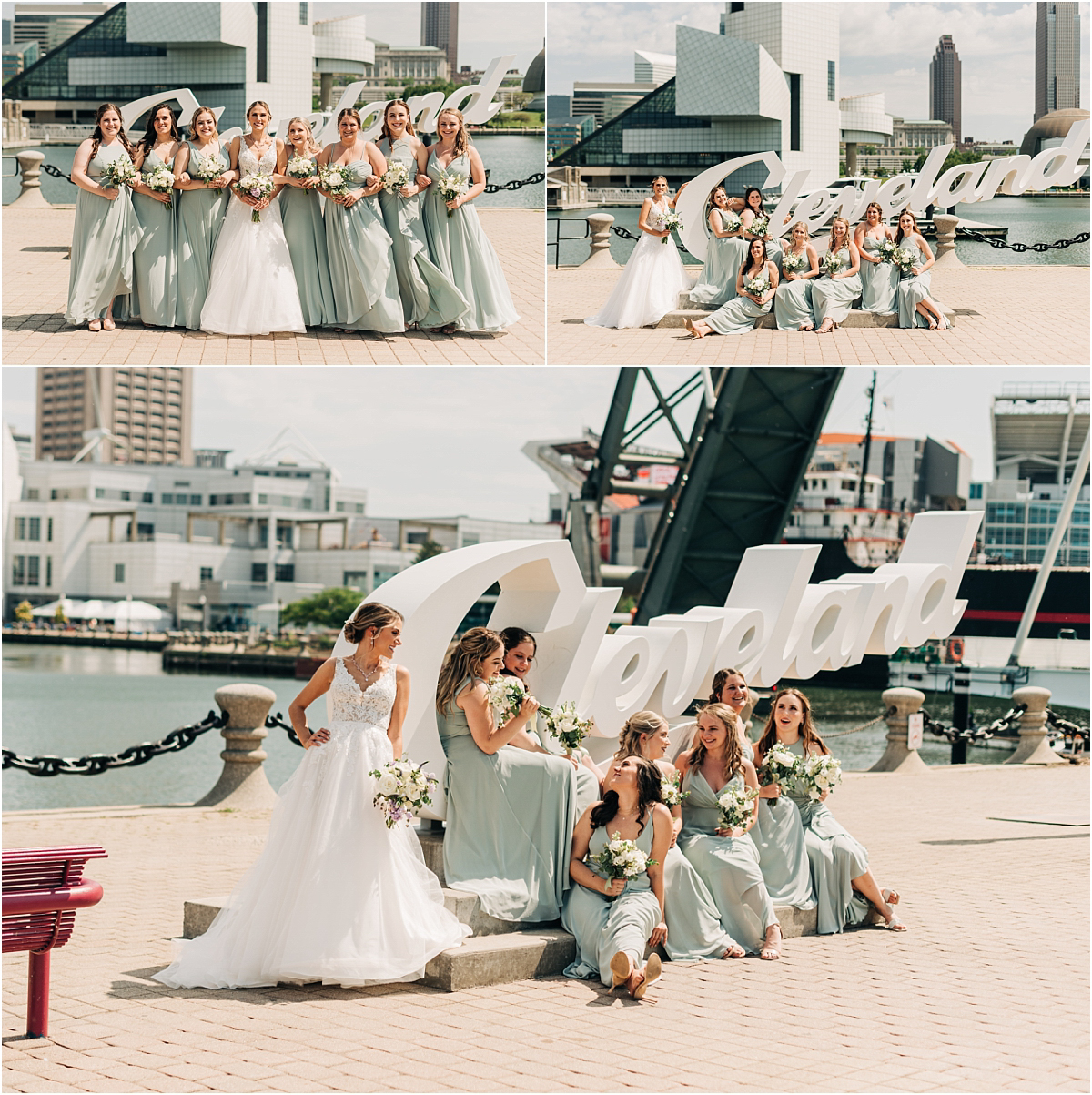 bride and bridesmaids pose in front of cleveland sign