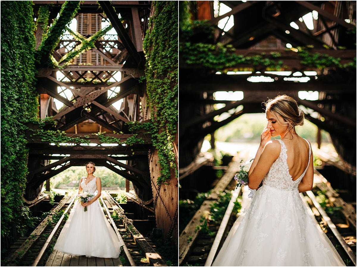 bride on mossy bridge