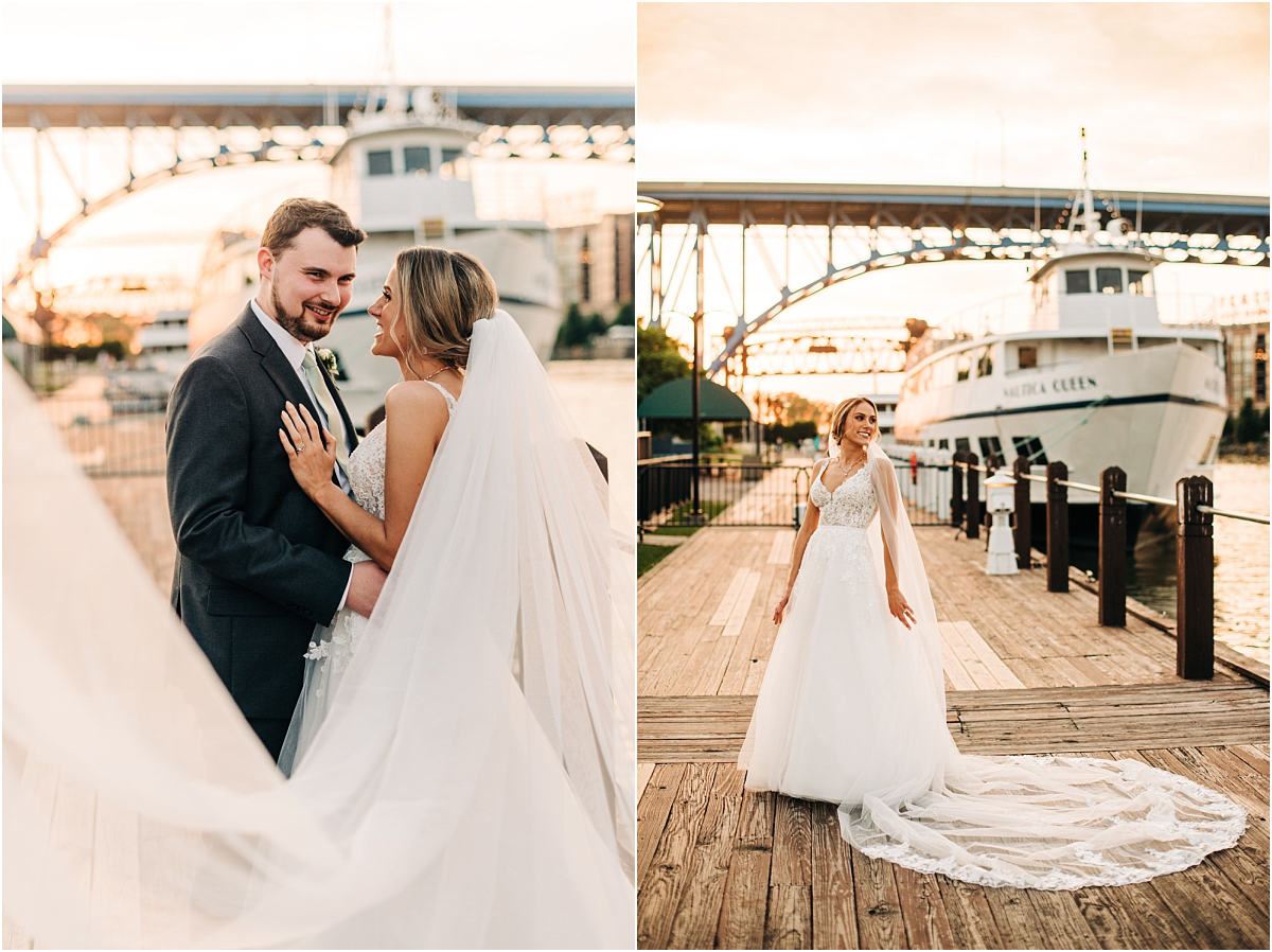 bride and groom at sunset in front of a boat