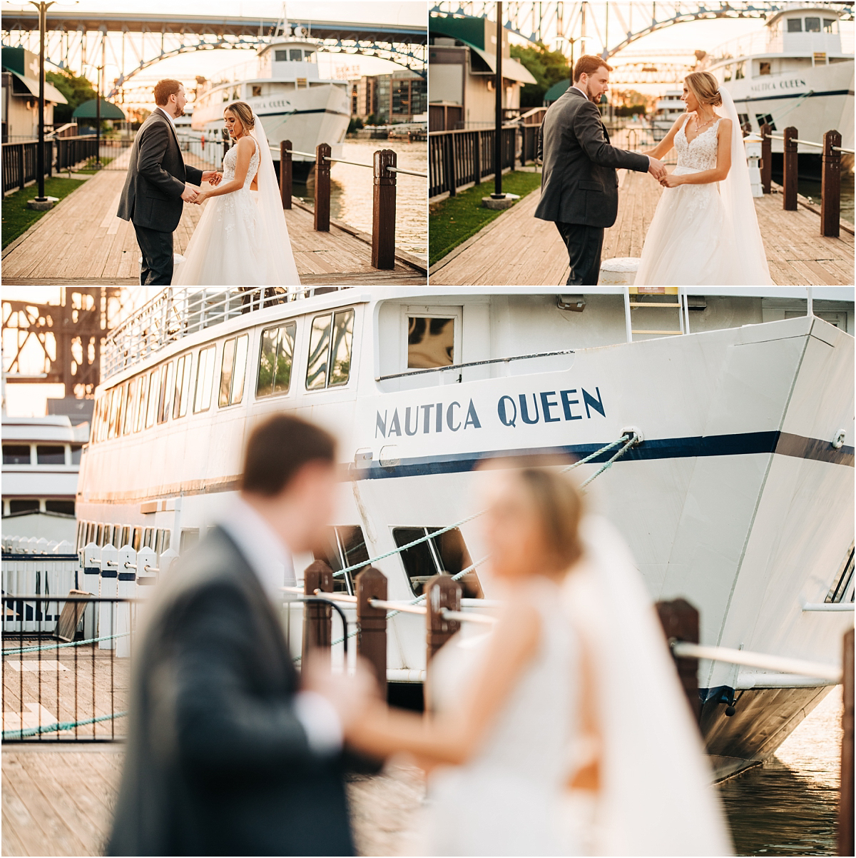 bride and groom dance in front of boat