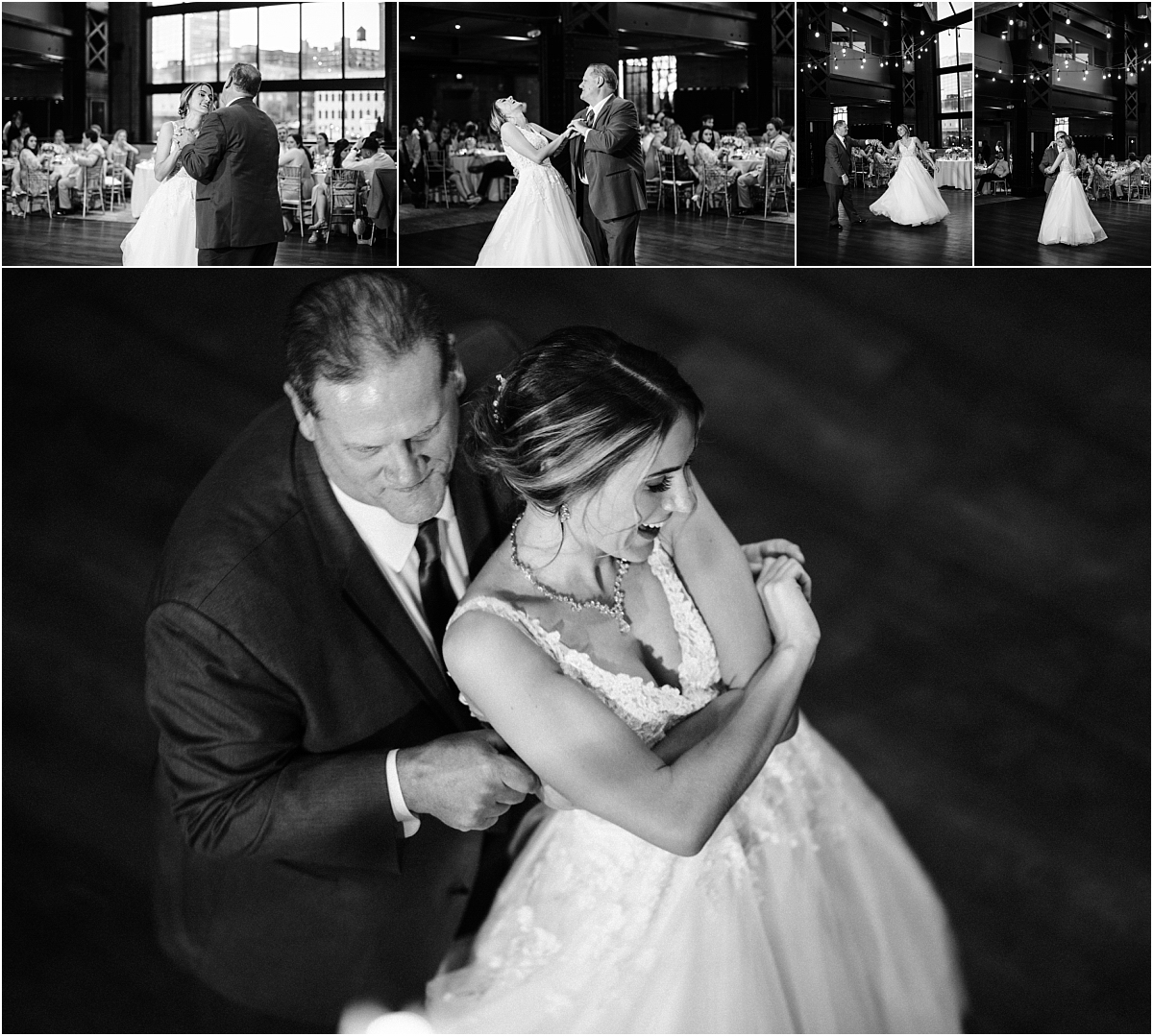 bride and father of the bride share a dance at windows on the river