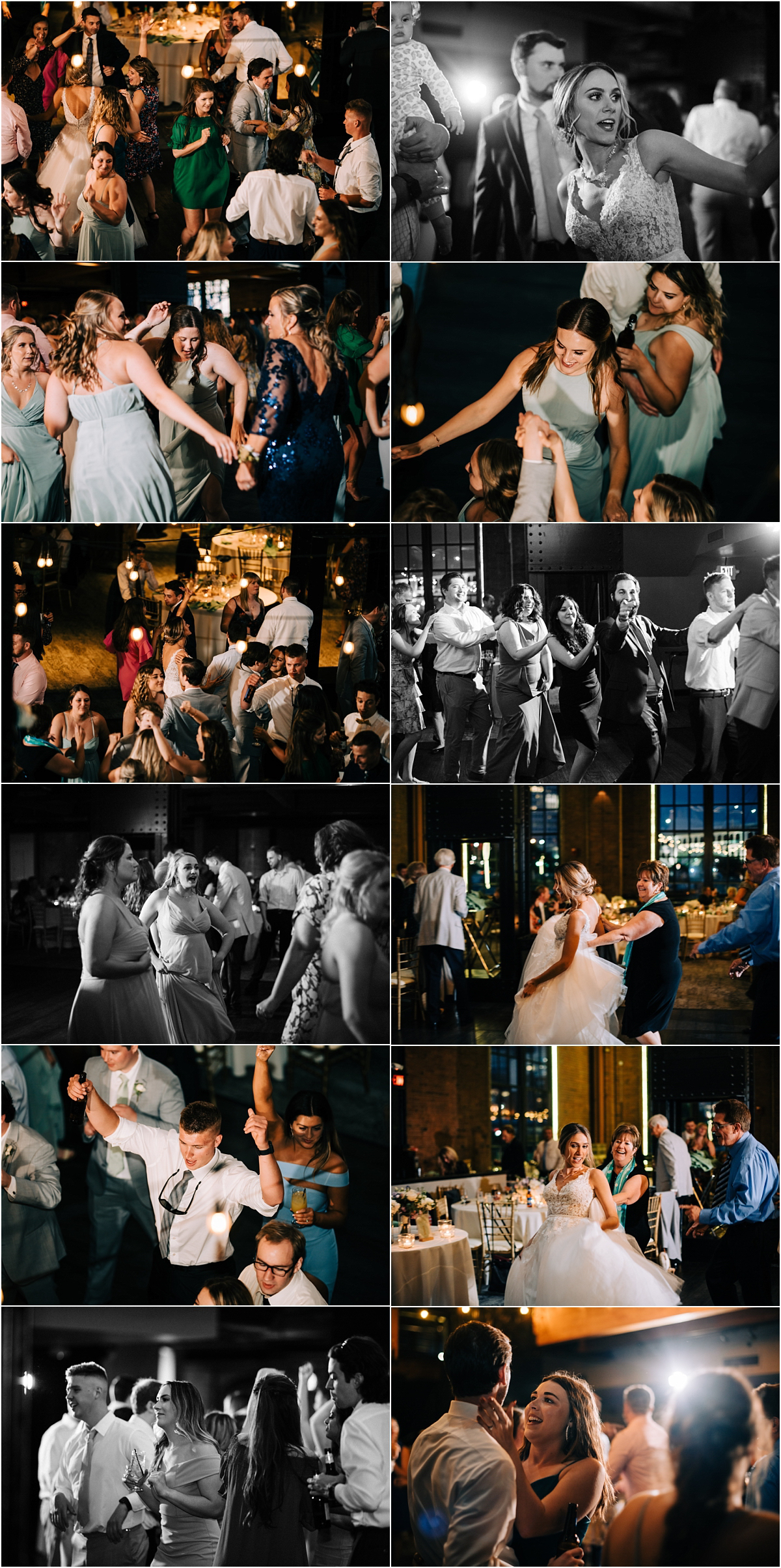 wedding guests dancing all around the dance floor during reception at windows on the river wedding venue
