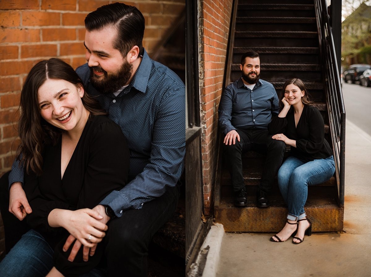 couple sits on stairs for engagement session in columbus ohio