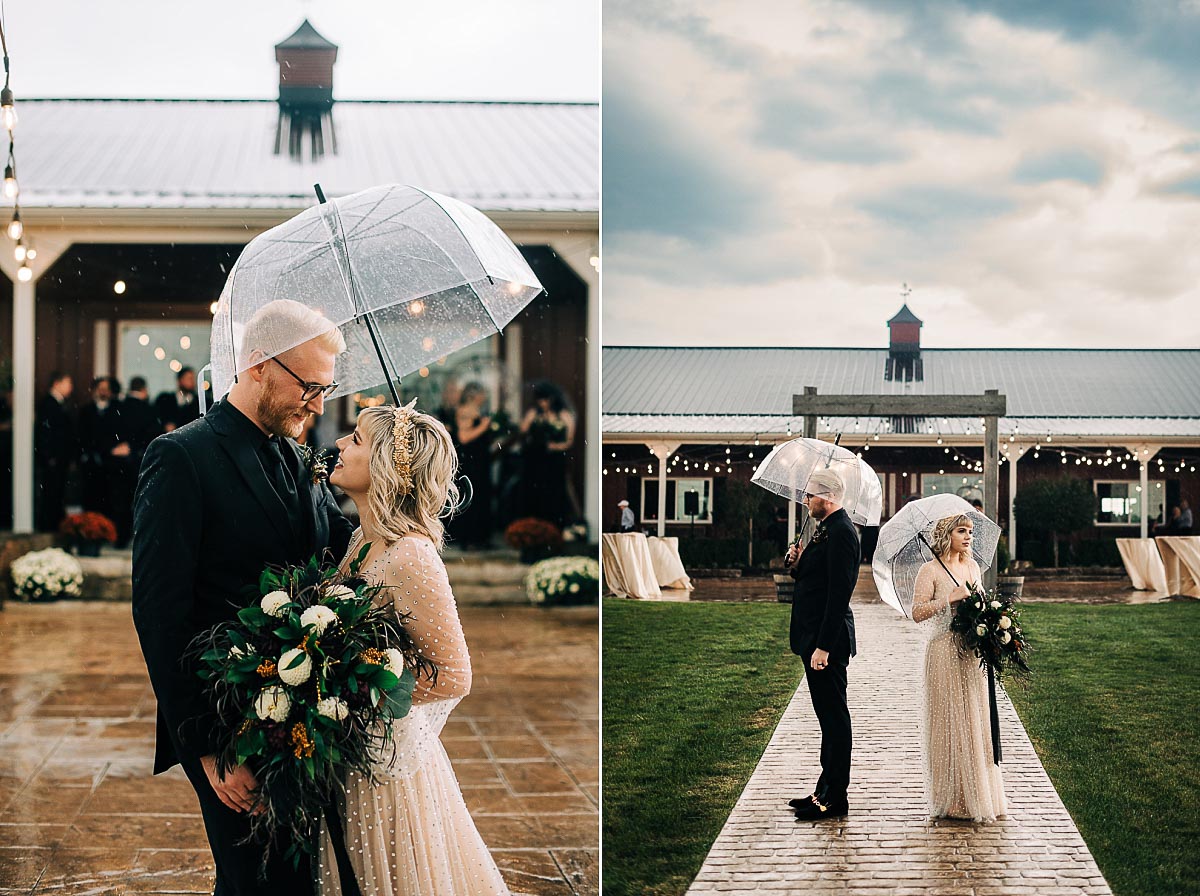 bride and groom with umbrella in the rain
