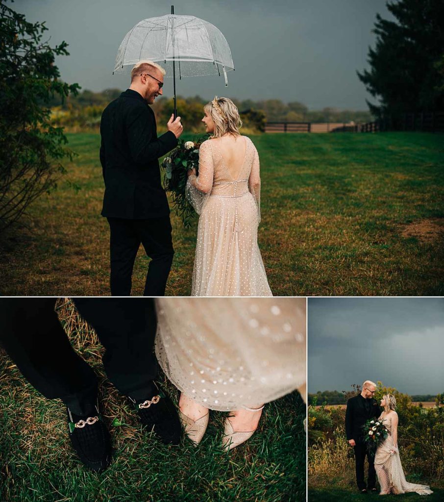 bride and groom with an umbrella