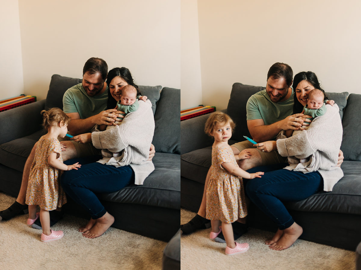 A mom and dad making their family photos stress free by feeding their daughter a freeze pop in between photos.