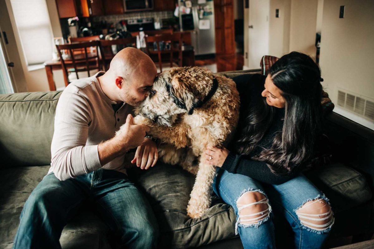 A couple plays with their dog on their couch during their engagement photos