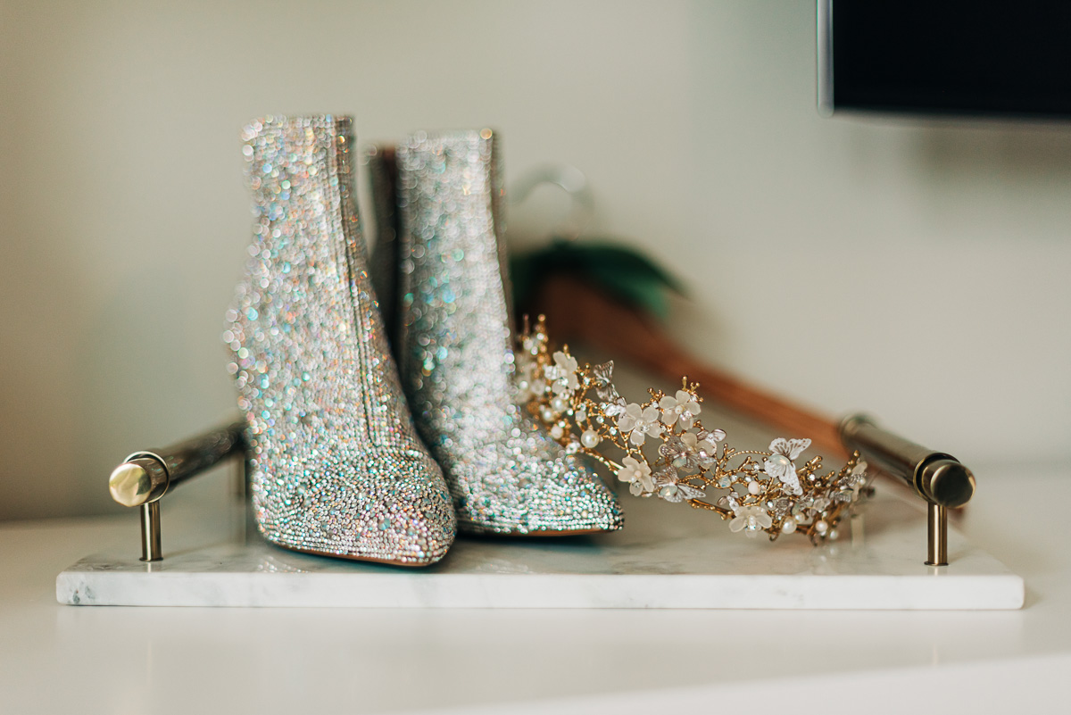 sparkly wedding boots and bridal tiara