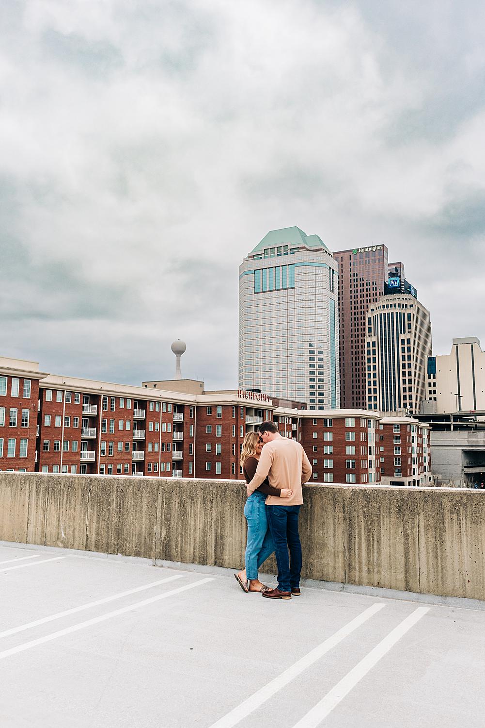 Rooftop engagement photos in downtown Columbus