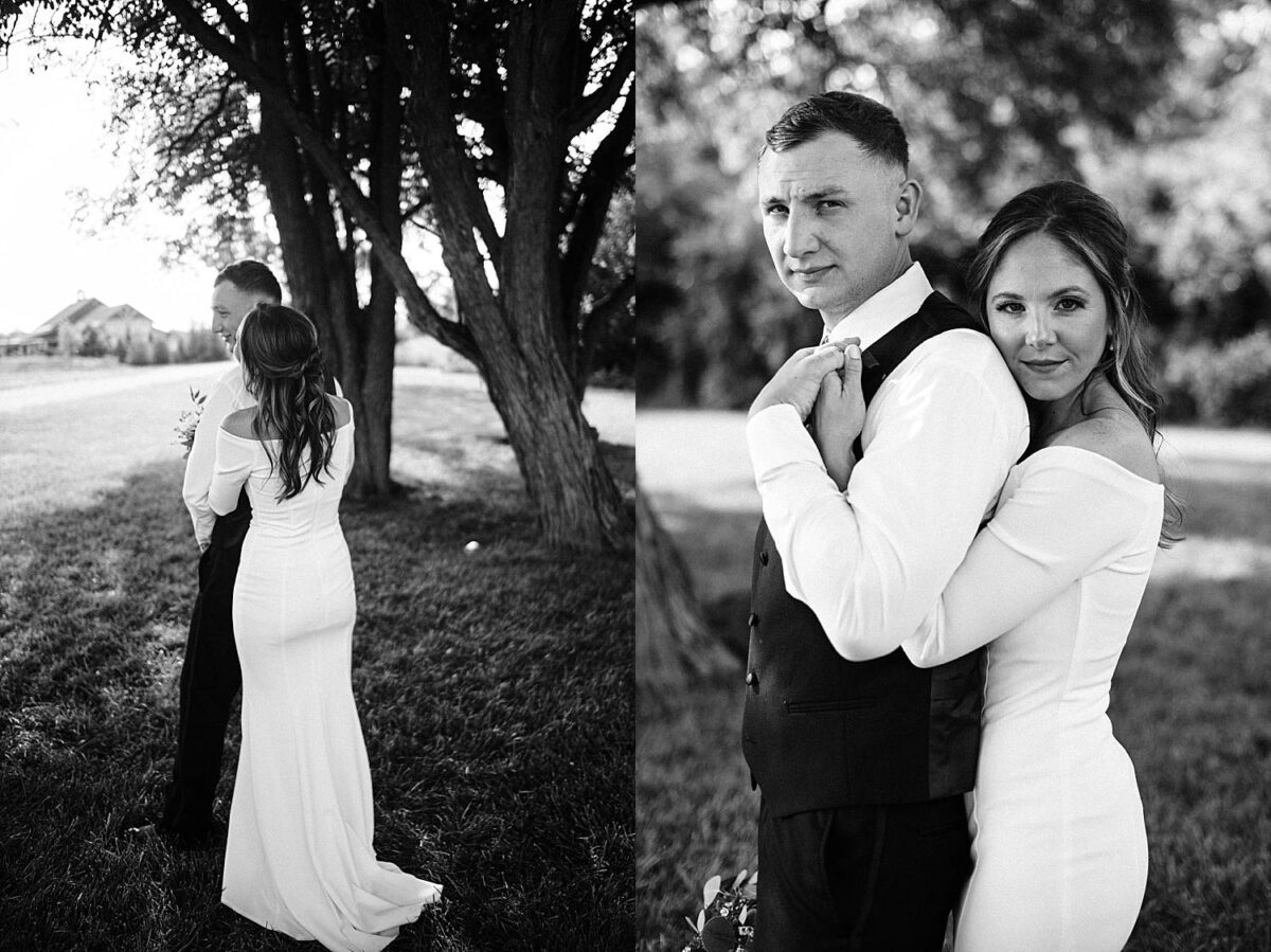 Bride and groom pose for portraits with their wedding photographers