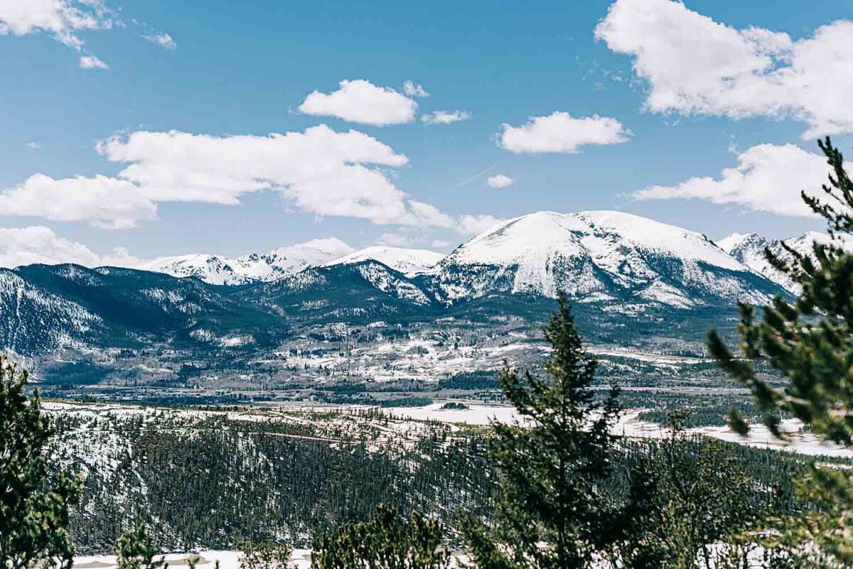A view of the snow capped mountains from Sapphire Point Overlook in Dillon, Colorado.